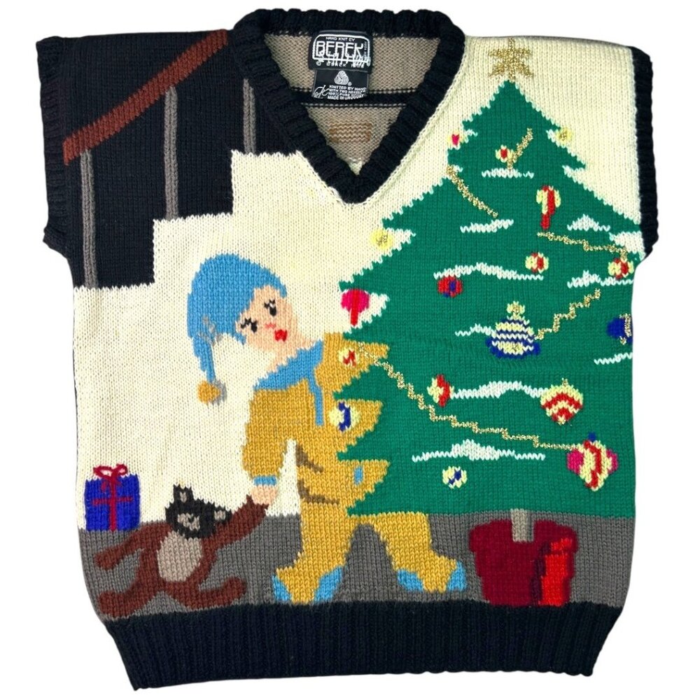 Vintage 1988 Berek Hand-Knit Wool Christmas Sweater Vest - Size Medium